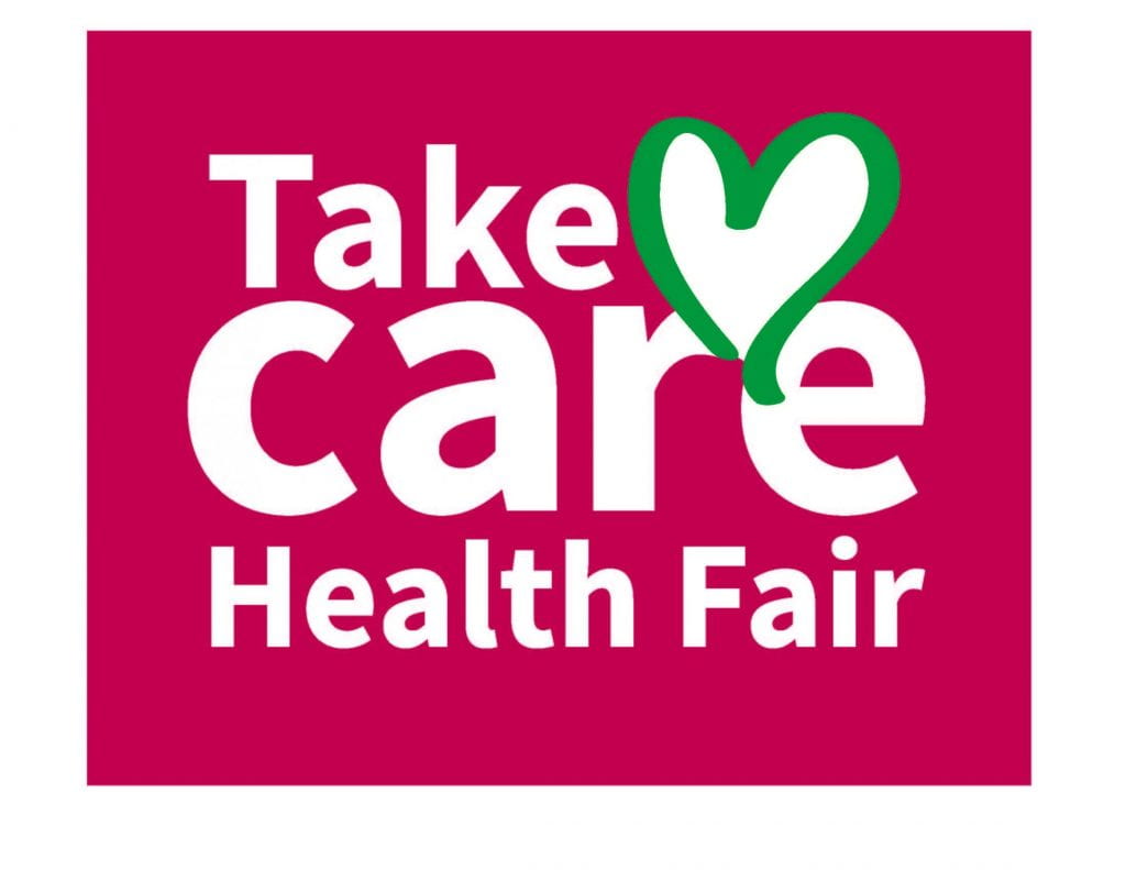 White lettering on red background with text Take Care Health Fair