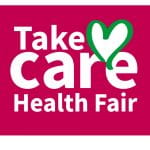 White lettering on red background with text Take Care Health Fair